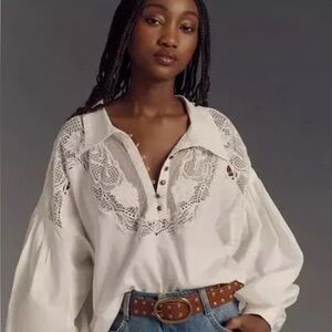Maeve Anthropologie Balloon Sleeve Collared Yoke Top